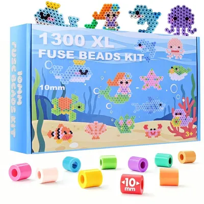 Productafbeelding van Bügelparels set, 10 mm, 1300 stuks, met 34 accessoires met een zeethema, geschikt voor kinderen vanaf 3 jaar