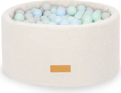 Produktbild von Flumi Bällebad Baby - Bällepool Kinder 90x40cm mit 200 Bällebad Bälle ∅ 7cm in EU hergestellt - Boucle creme + blaue Kugeln