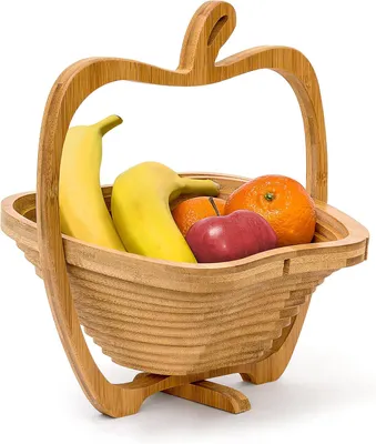 Productafbeelding van Fruitschaal appel 30 x 27 x 22.5 cm - Fruitmand bamboe - Onderzetter - Snijplank hout - Bruin