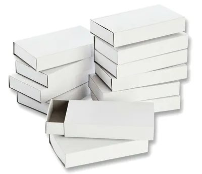 A stack of white cardboard boxes, some open and some closed, arranged in a pile against a white background.