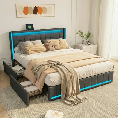 Image de Lit rembourré moderne ProximaX 140 x 200 cm, gris foncé, avec LED RGB, 4 tiroirs de rangement, ports USB et Type-C