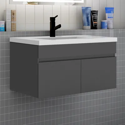 Produktbild von Badezimmer Badmöbel 80 cm Mineralguss Waschtisch mit Unterschrank Hängeschrank Badezimmerschränke Badschrank mit 2 Türen Anthrazit