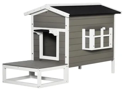 Obrázek produktu pro Kočičí domek s terasou – kočičí bouda – dřevěný domek pro kočky – domek pro malá zvířata – pro kočky a malé psy