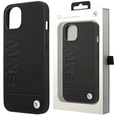 A black BMW branded phone case is shown next to its packaging.
