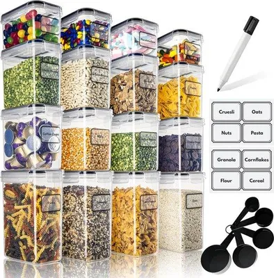 Produktbild von Luchtdichte Vorratsdosen 16er Set, BPA-frei, mit Löffeln und Marker