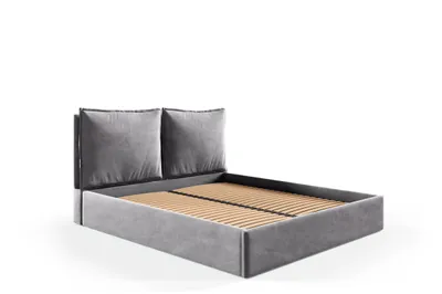 A grey upholstered bed frame with a slatted wooden base and two large square headboard cushions, shown against a white background.