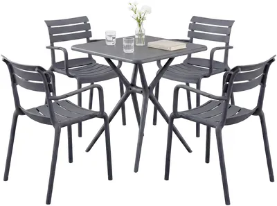 Produktbild von Gartenmöbel-Set NORA mit 4 Stühlen - 186x186x82cm, Kunststoff, Dunkelgrau | Balkonset Gartenset Tisch mit Stühlen Bistroset Outdoor
