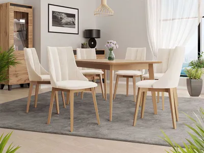 Obrázek produktu pro Rozkládací jídelní stůl se 6 židlemi NOWEN 2 - přírodní dřevo / béžový