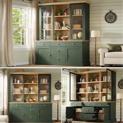 Produktbild von Küchenschrank (140 x 40 x 185 cm), Hochschrank mit 5 großen Schubladen, Glastüren und Kippschutz, Aufbewahrungsschrank für Küche und Esszimmer, grün