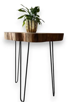 Produktbild von Beistelltisch aus halbmassiver Eichenholzscheibe auf Stahl-Haarnadelbeinen 80cm hoch, Beistelltisch zum Aufstellen an der Wand