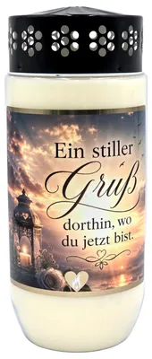 Produktbild von 8 Tage Premium Design Grabkerze mit Goldapplikation & Spruch: "Ein stiller Gruß dorthin, wo du jetzt bist."
