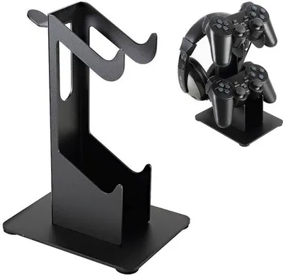 Zdjęcie produktu dla Unyqoos® – Metalowa podставка na słuchawki i kontrolery do gier – podwójna półka na 2 kontrolery + słuchawki, 21 cm, montaż bez użycia narzędzi, bezpieczne mocowanie