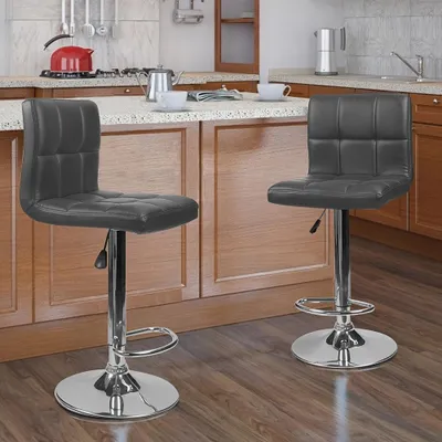 Image de Ensemble de 2 tabourets de bar modernes en similicuirPolyuréthane- Tabourets réglables avec dossier haut et repose-pieds