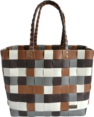 A woven shopping basket with braided handles, presented against a white background.