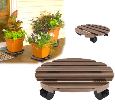 Produktbild von QEENTOE Runder Pflanzenroller 30x30cm WPC 2 Stück Hellbraun Blumenuntersetzer mit PP-Rädern. Kübelrollbrett für Innen, Balkon und Außenbereich