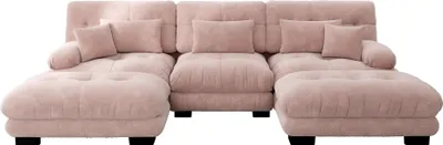 Zdjęcie produktu dla Luksusowa modułowa sofa narożna Sweiko - duża kanapa w kształcie litery U do salonu, rozkładana sofa z głębokim siedziskiem i otomaną, szenilowy róż