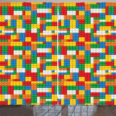 Zdjęcie produktu dla ARANDE Kolorowa zasłona, wzór dziecięcy Powtarzające się zabawki, ilustracja cegieł na tle, 280 x 175 cm, wielokolorowa