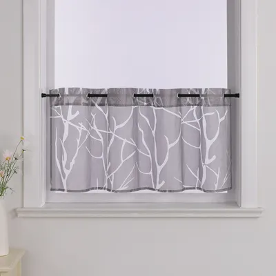 Produktbild von Scheibengardine, Ösen, Voile Bistrogardine Küchengardinen, Kurzstore mit Astmuster, halbtransparent, Grau B x H 90 x 60 cm