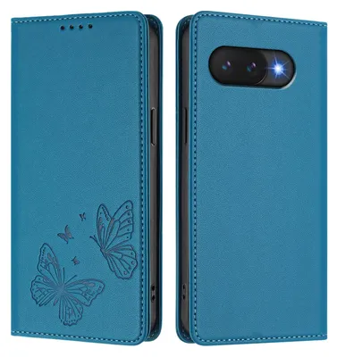Image de Étui en cuir pour Google Pixel 9A, motif papillon, étui portefeuille à rabat avec support, bleu