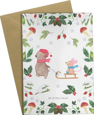 Produktbild von Mr. & Mrs. Panda Grußkarte Bär und Maus Schlitten - Weiß - Geschenk, osterkarte, Grußkarten, hochzeitskarten, weihnachtskarten, kommunionskarte, Weihnachten