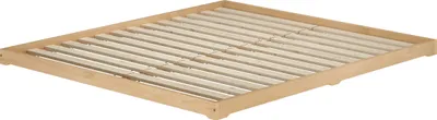 A wooden bed frame with slats, shown from a diagonal angle against a white background.