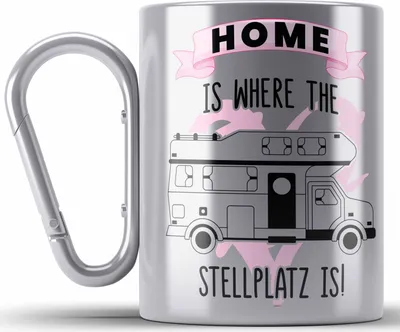 Produktbild von Trendation - Wohnwagen Camper Edelstahl Tasse Karabiner Geschenke Wohnmobil für Männer Campingwagen Geschenkidee Zubehör Camping Opa Oma Rentner Lustig Grafik Home Is Where The Stellplatz Is (Silber)