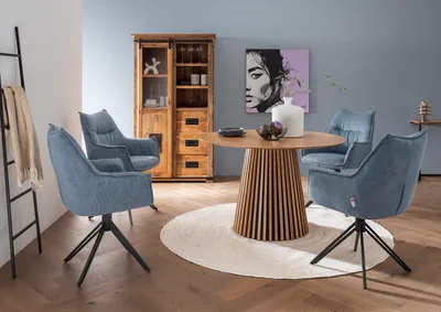 Produktbild von Esszimer Set Ginosa blau & Tisch Oria natur rund 120cm
