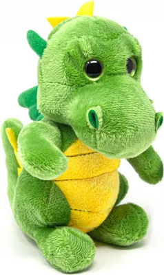 A plush green dragon toy is shown sitting against a white background.