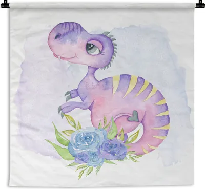 Produktbild von MuchoWow® Wandteppich Wandbehang Dinosaurier - Kinderzimmer - Aquarell - Mädchen - Kinder - Rosa 150x150 cm Tapisserie Dekoration Wandtuch - Wohnaccessoires - Modernes