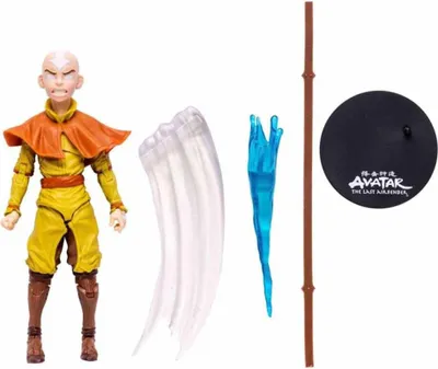 An action figure of Aang from Avatar: The Last Airbender, along with accessories, displayed against a white background.
