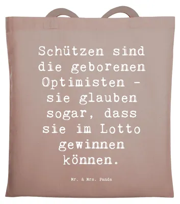 Produktbild von Mr. & Mrs. Panda Tote Bag Spruch Schütze Optimist - Braun Pastell - Geschenk, Tasche, Jutebeutel, Geschenke Sternzeichen, Abenteuergeist, totebag, Freiheitsliebe