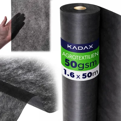 Zdjęcie produktu dla KADAX – geowłóknina przeciw chwastom 1,6 x 50 m, 50 g/m², czarna geowłóknina ogrodowa z polipropylenu, przepuszczająca wodę, geowłóknina mulczowa przeciw chwastom, folia przeciw chwastom do ogrodu, folia do sadzenia
