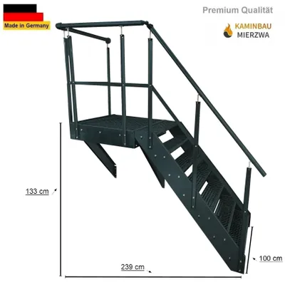 Produktbild von Podesttreppe Wangen- Stahltreppe 7 Stufen Höhe 133 cm inklusive Podest 100x100cm mit Geländer Anthrazit / Ausrichtung Treppe Rechts / Aussentreppe