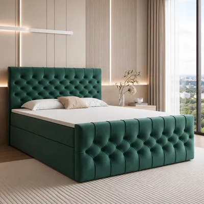 Produktbild von GOLDSTOFF TAURIEL Boxspringbett 160x200cm mit Federkernmatratze & Topper | Bett mit Stauraum & 2 Bettschubladen | Samt (Grün)