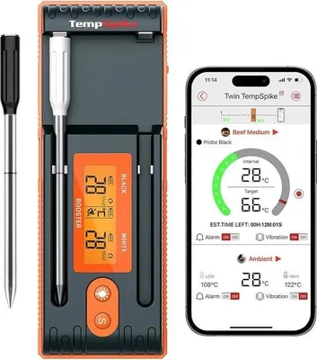 Immagine prodotto di Termometro per carne Twin TempSpike, senza fili, portata 150 m, Bluetooth, con display – adatto per forno e grill – lavabile in lavastoviglie
