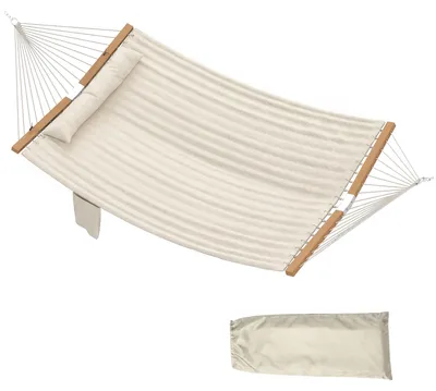Zdjęcie produktu dla Hamak dwuwarstwowy pikowany 200 x 140 cm, dla 2 osób, poliester + buk, nośność 200 kg, zdejmowany zagłówek, kieszeń na czasopisma