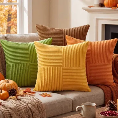 Produktbild von Elzusha – Set aus 4 Herbstkissenbezügen, 50x50 cm – gestreift, dekorativ, weich, aus Plüsch