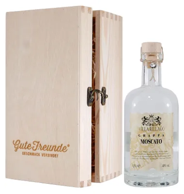 Produktbild von Villa Rillago Moscato Grappa mit Geschenk-Holzkiste