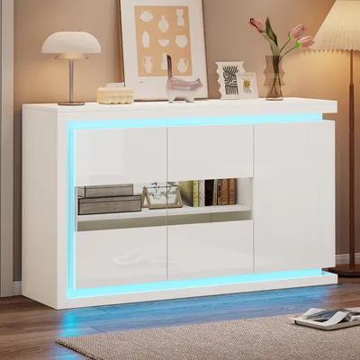 Image de Buffet - 140 x 40 x 84 cm, blanc brillant - 2 portes en verre trempé et télécommande LED - étagères réglables