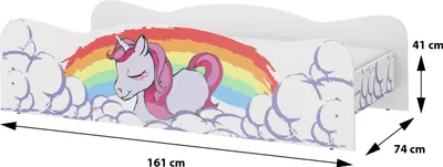 A child's bed with a unicorn and rainbow design.