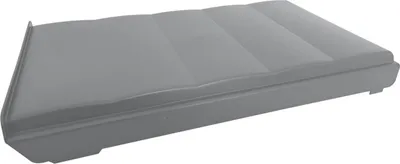 A gray lid for a trash can is shown from a diagonal angle.