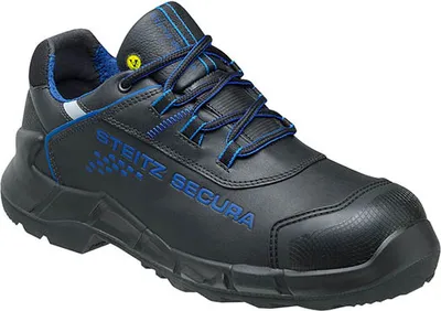 A black safety shoe with blue accents and laces, shown from a side-angle on a white background.