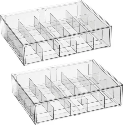 Produktbild von Famanu Sortierbox für Tee, Kaffee und Kräuter – praktische Kunststoffbox mit 20 Fächern – Set von 2 – transparent