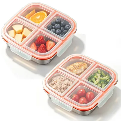 Snackbox mit 4 Fächern, 2er Set, Edelstahl, 600 ml, spülmaschinengeeignet