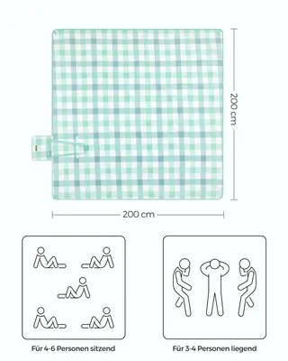Produktbild von Songmics Picknickdecke, 200x200 cm, Grün-Weiß, wasserdicht, 3-lagig mit Samtoberfläche, gepolstert & Alu-Unterseite, inkl. 4 Erdanker, für 4-6 Personen, Picknick, Camping, Strand, Garten