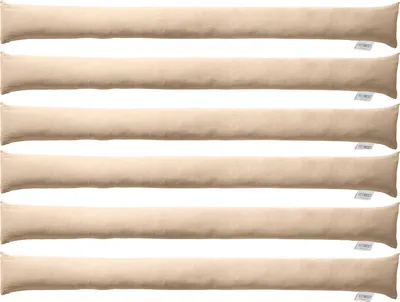 Multiple beige fabric draft stoppers laid out horizontally against a white background.