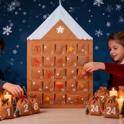 Image de Calendrier de l'Avent avec poches, réutilisable, compte à rebours de 24 jours, sacs de rangement suspendus pour la décoration de Noël à la maison,