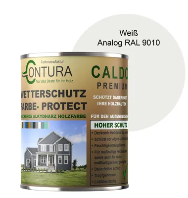 Produktbild von Contura 500ml Wetterschutzfarbe Holz Dauerschutzfarbe Deckend Buntlack Holzfarbe Holzlasur Seidenmatt - Weiß - RAL 9010 Analog