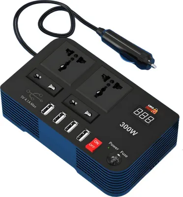 Obrázok produktu pre Prenosný menič napätia do auta, Linomag®, 12 V DC na 220 V AC, 300 W, digitálny displej, univerzálna zástrčka EU/UK/USA/AU, USB 4,1 A, ochrana proti prepätiu, čierny