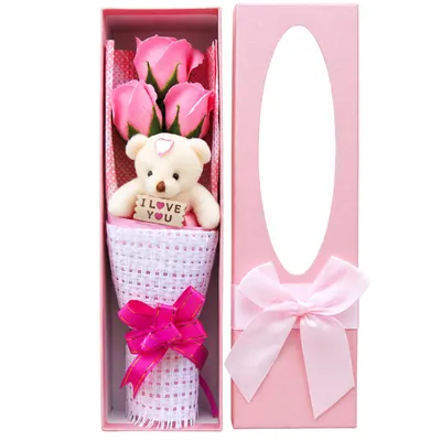 Produktbild von Seifenrosen Flower Box – 3 rosa Rosen mit Teddybär als Geschenk